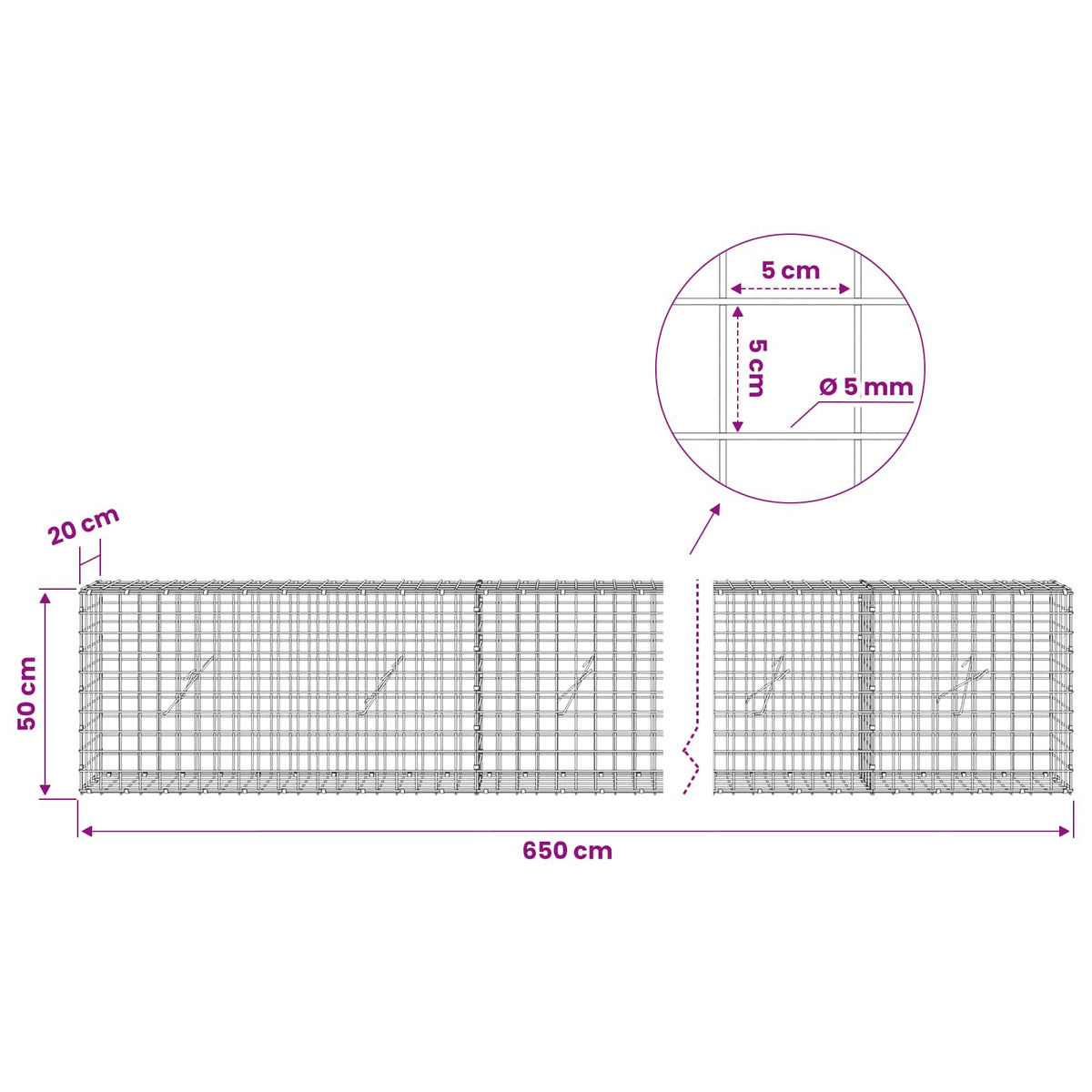 Gabionas su 5 mm viela ir 5x5 cm tinkleliu 650x20x50 cm