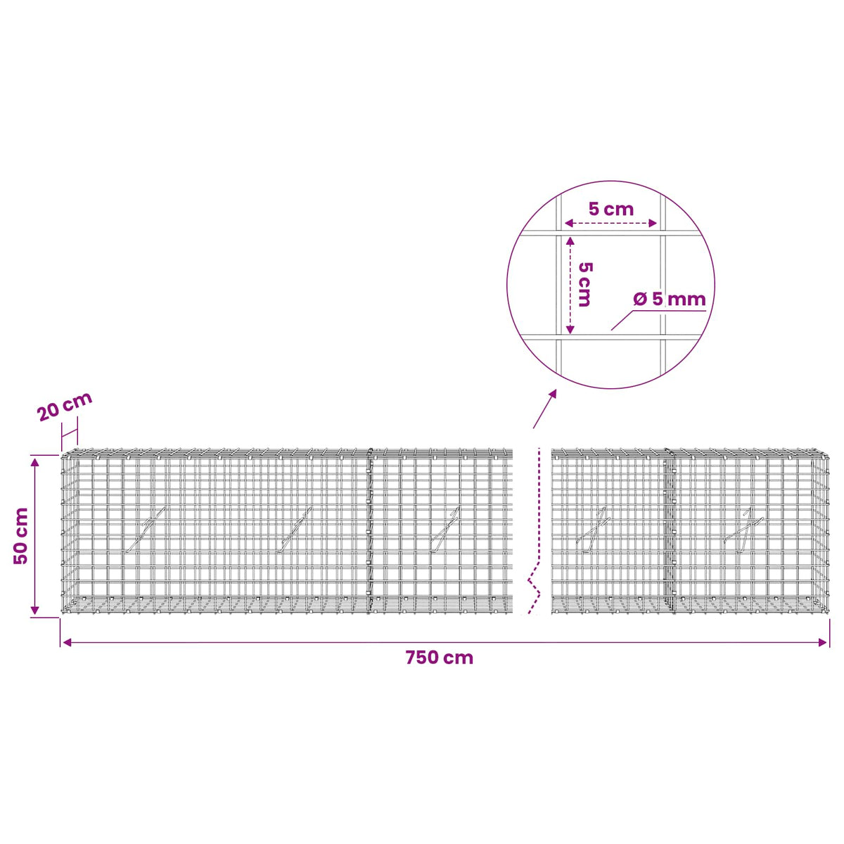 Gabionas su 5 mm viela ir 5x5 cm tinkleliu 750x20x50 cm