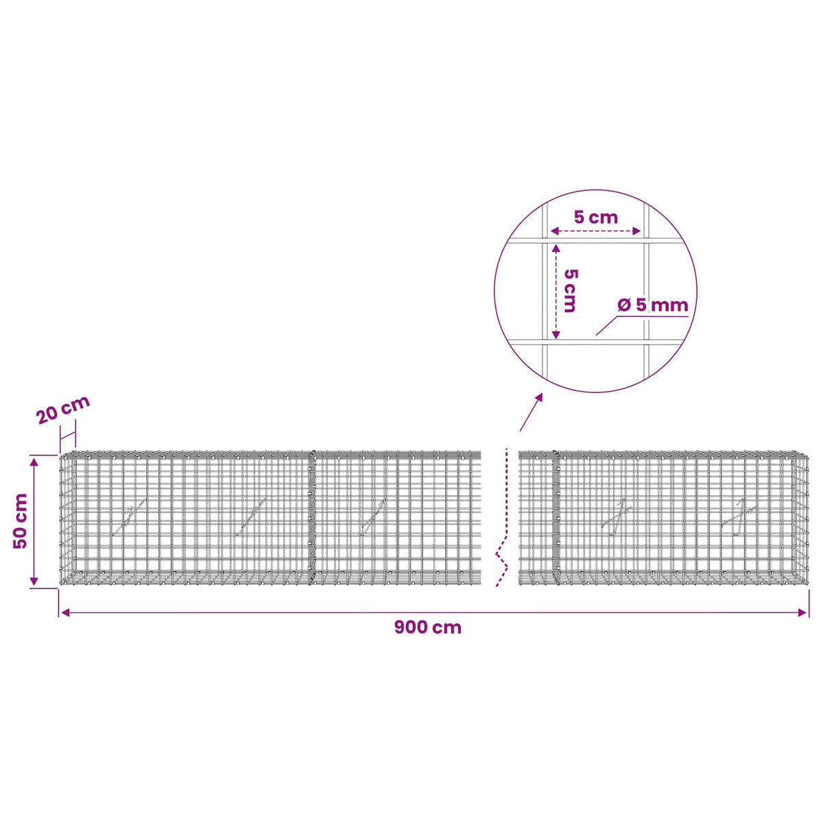 Gabionas su 5 mm viela ir 5x5 cm tinkleliu 900x20x50 cm