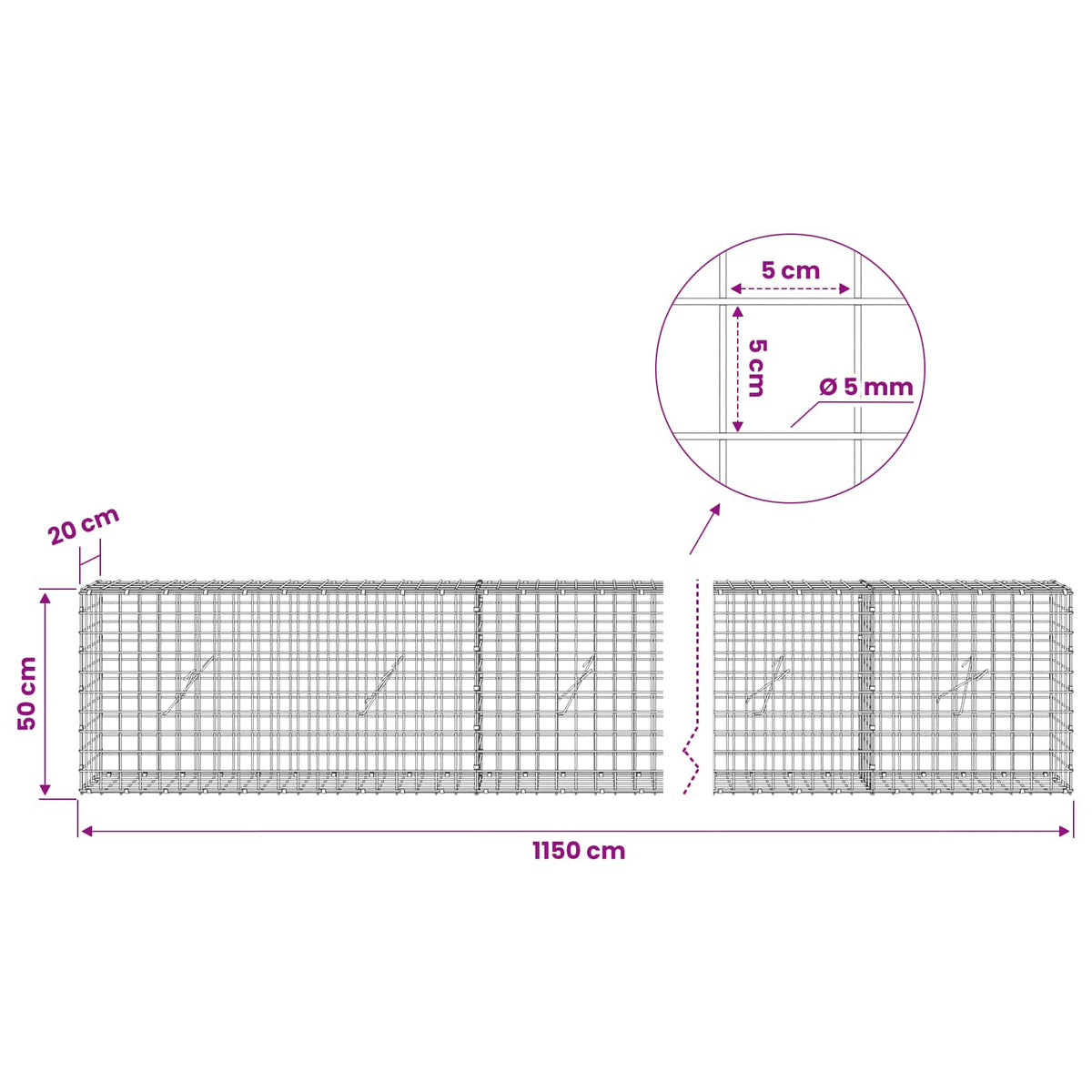 Gabionas su 5 mm viela ir 5x5 cm tinkleliu 1150x20x50 cm
