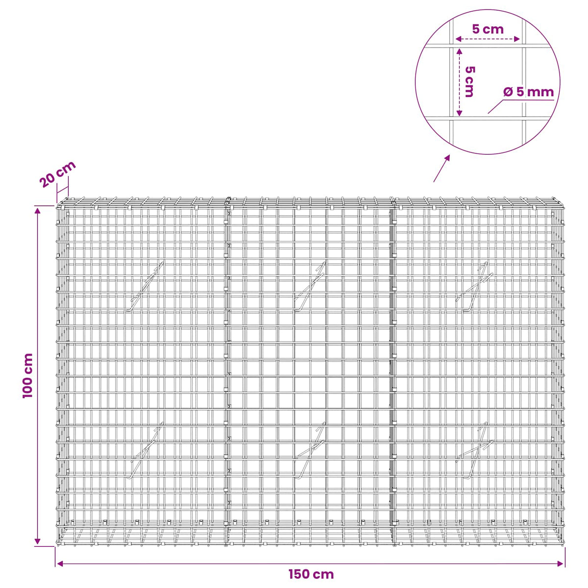 Gabionas su 5 mm viela ir 5x5 cm tinkleliu 150x20x100 cm