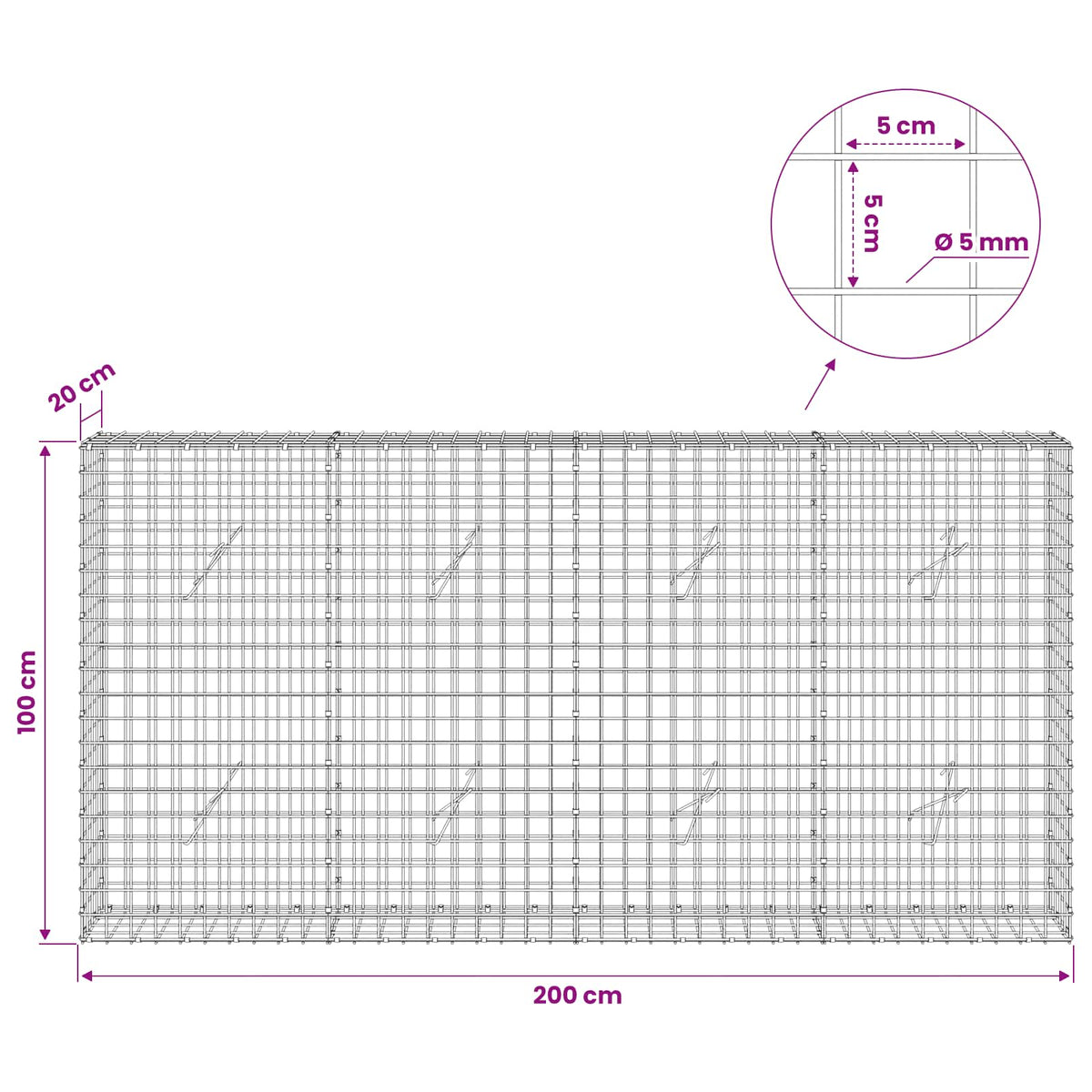 Gabionas su 5 mm viela ir 5x5 cm tinkleliu 200x20x100 cm