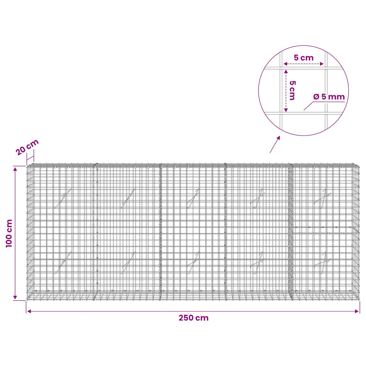Gabionas su 5 mm viela ir 5x5 cm tinkleliu 250x20x100 cm