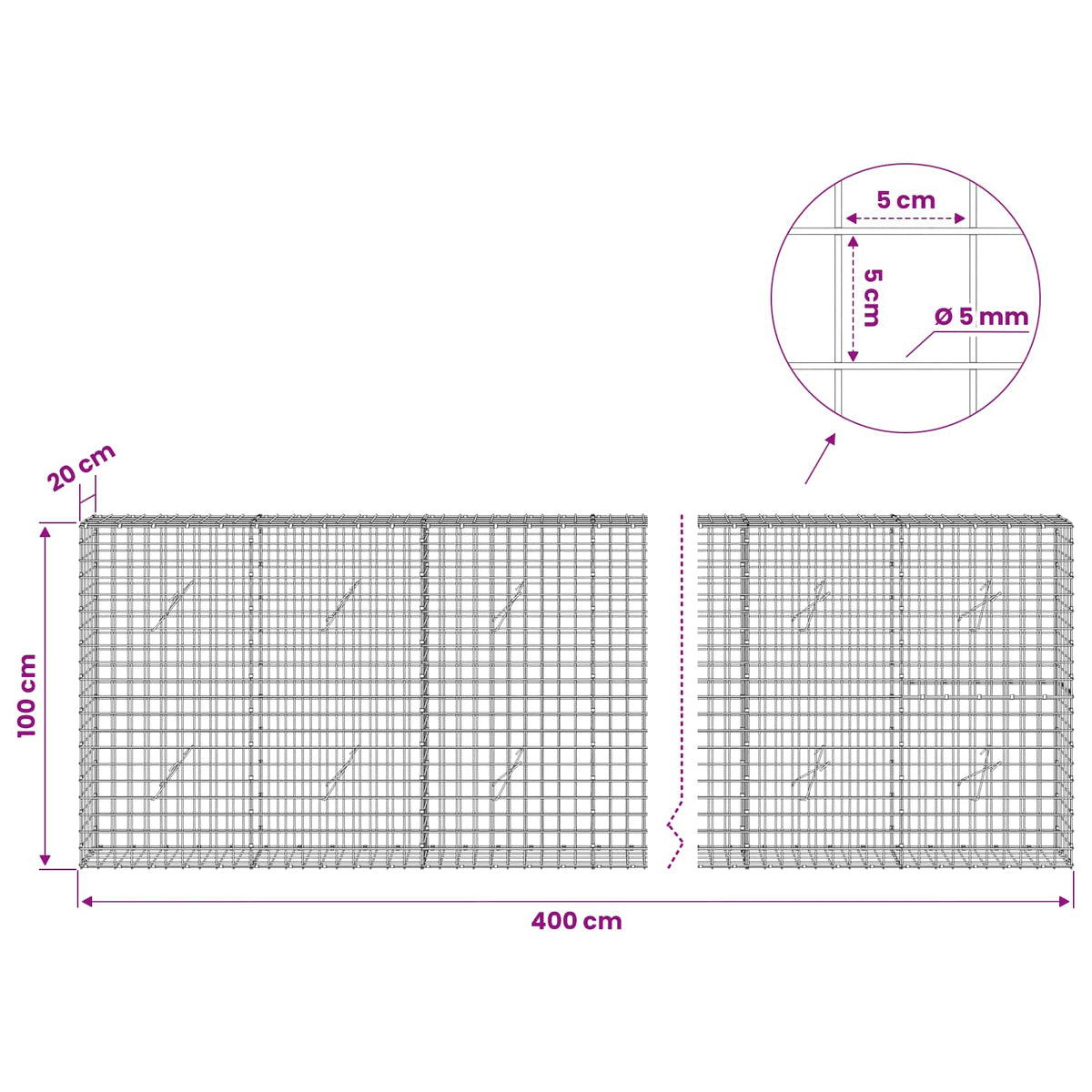 Gabionas su 5 mm viela ir 5x5 cm tinkleliu 400x20x100 cm