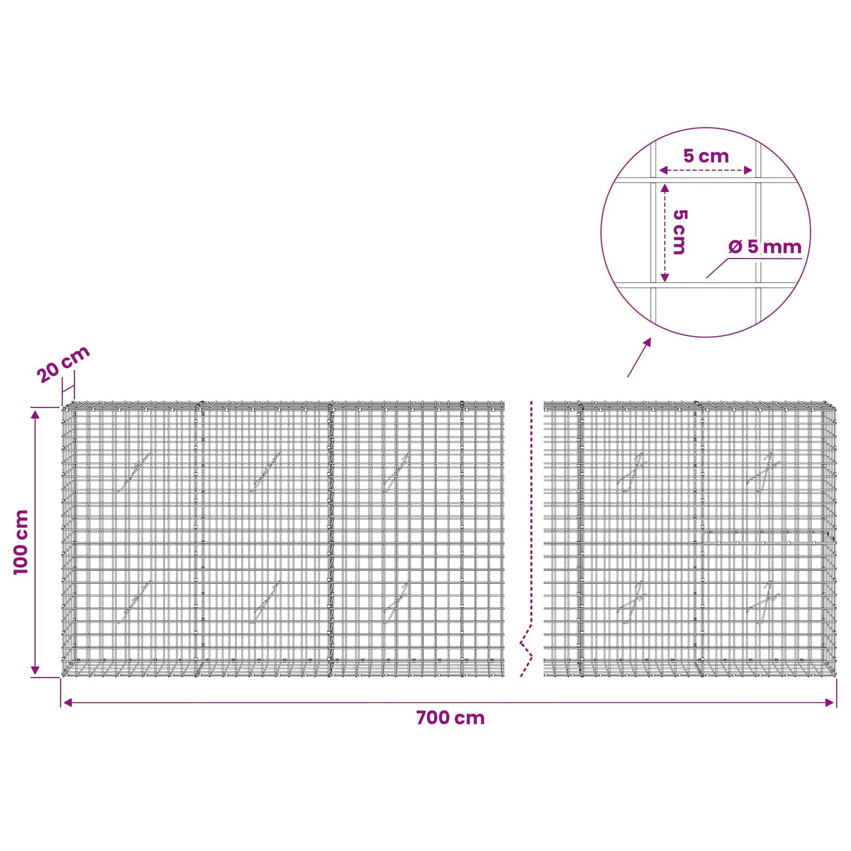 Gabionas su 5 mm viela ir 5x5 cm tinkleliu 700x20x100 cm