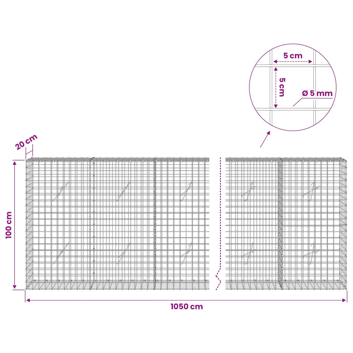 Gabionas su 5 mm viela ir 5x5 cm tinkleliu 1050x20x100 cm