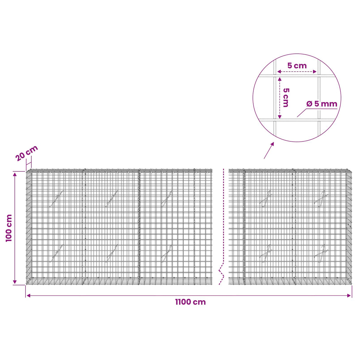 Gabionas su 5 mm viela ir 5x5 cm tinkleliu 1100x20x100 cm
