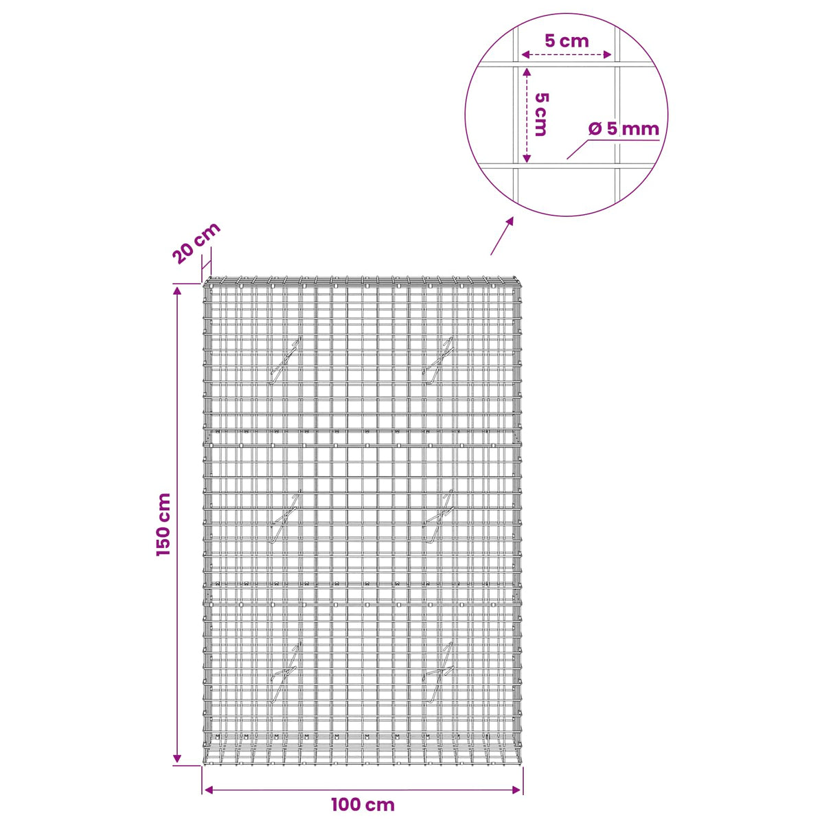 Gabionas su 5 mm viela ir 5x5 cm tinkleliu 100x20x150 cm