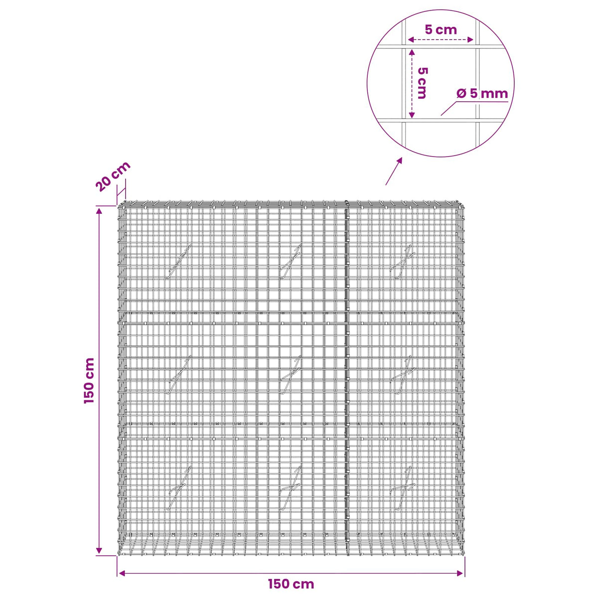 Gabionas su 5 mm viela ir 5x5 cm tinkleliu 150x20x150 cm