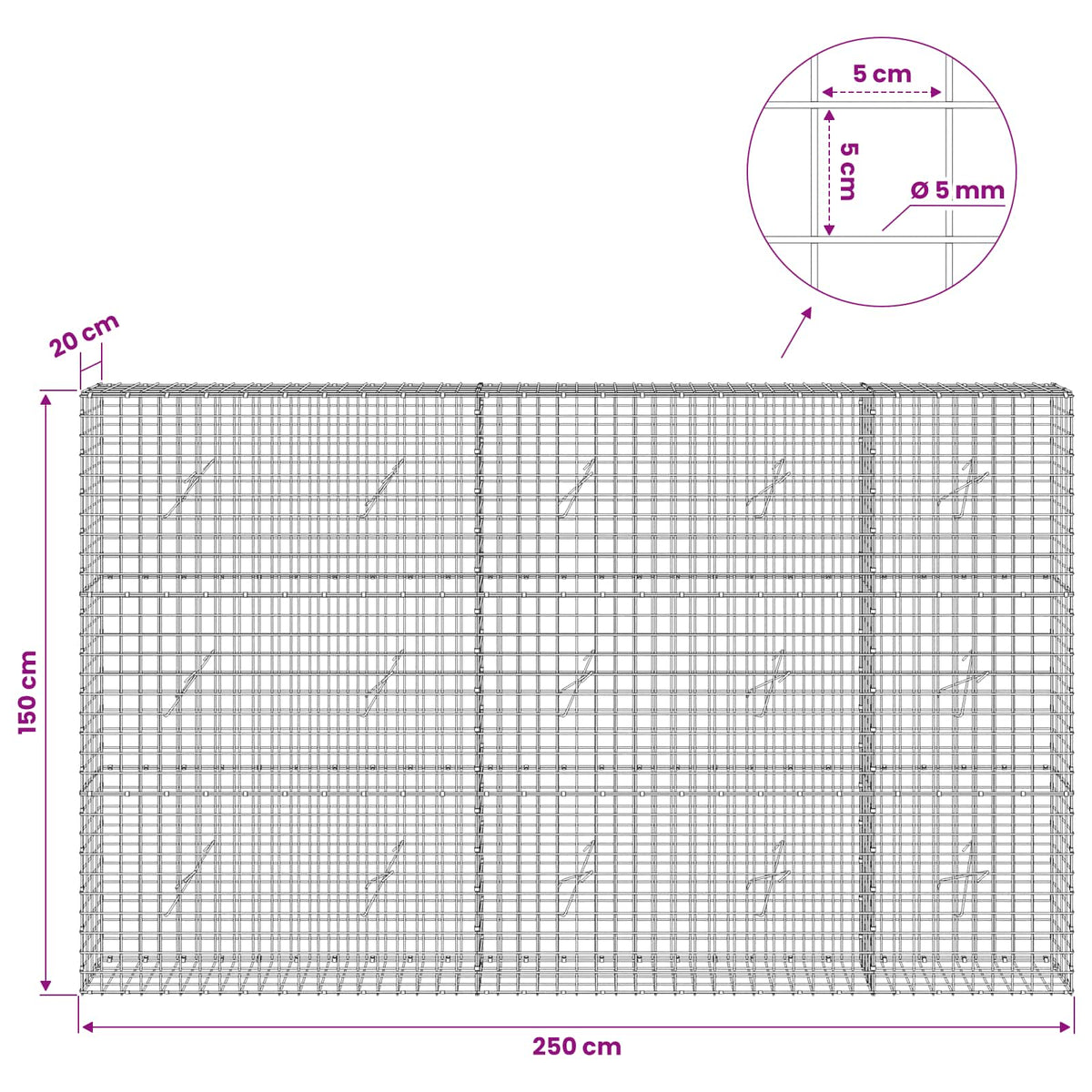 Gabionas su 5 mm viela ir 5x5 cm tinkleliu 250x20x150 cm