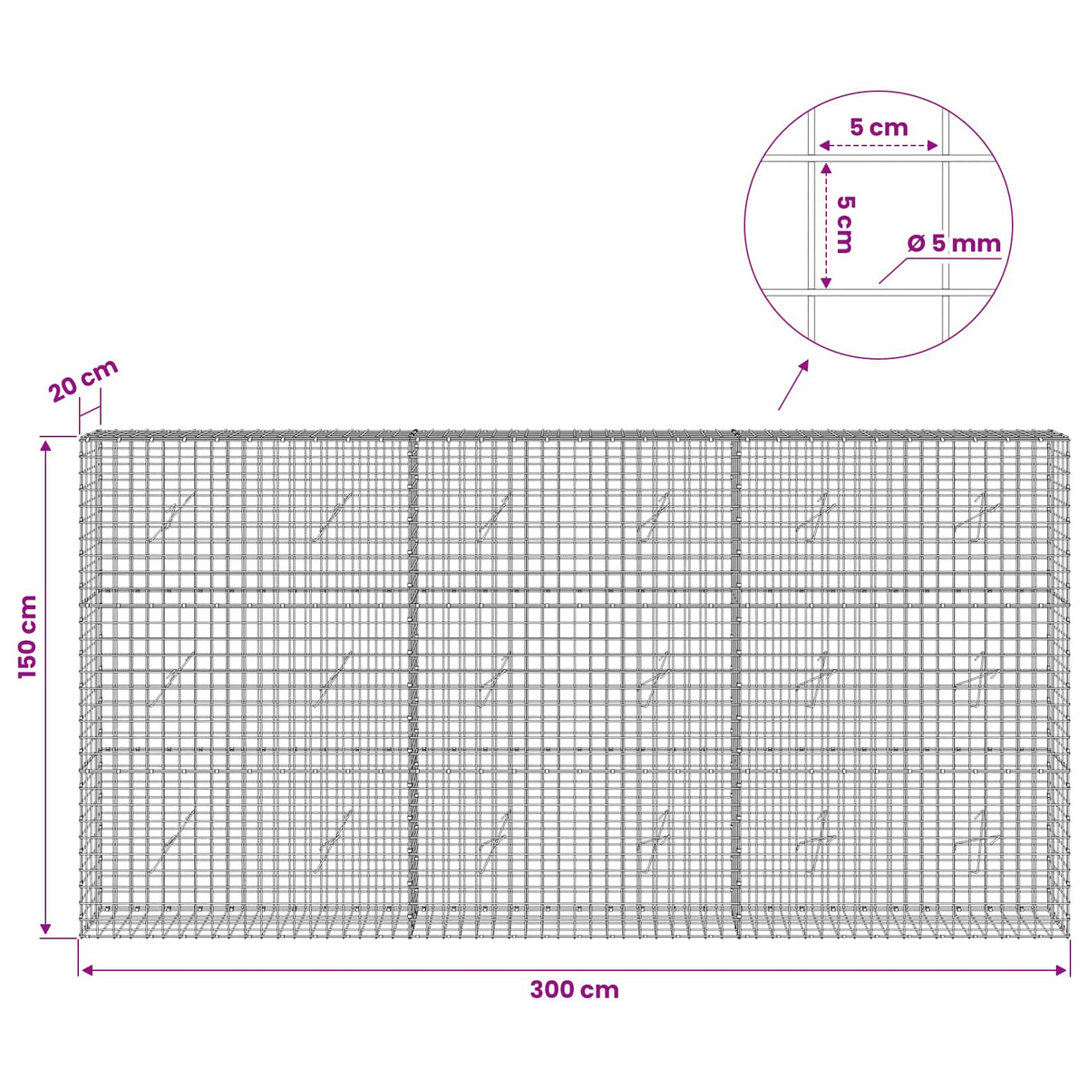 Gabionas su 5 mm viela ir 5x5 cm tinkleliu 300x20x150 cm