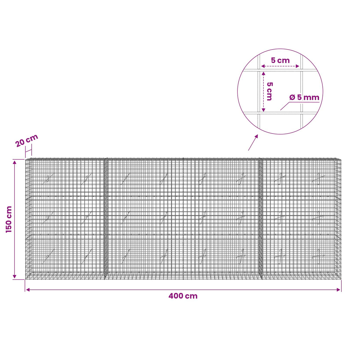 Gabionas su 5 mm viela ir 5x5 cm tinkleliu 400x20x150 cm