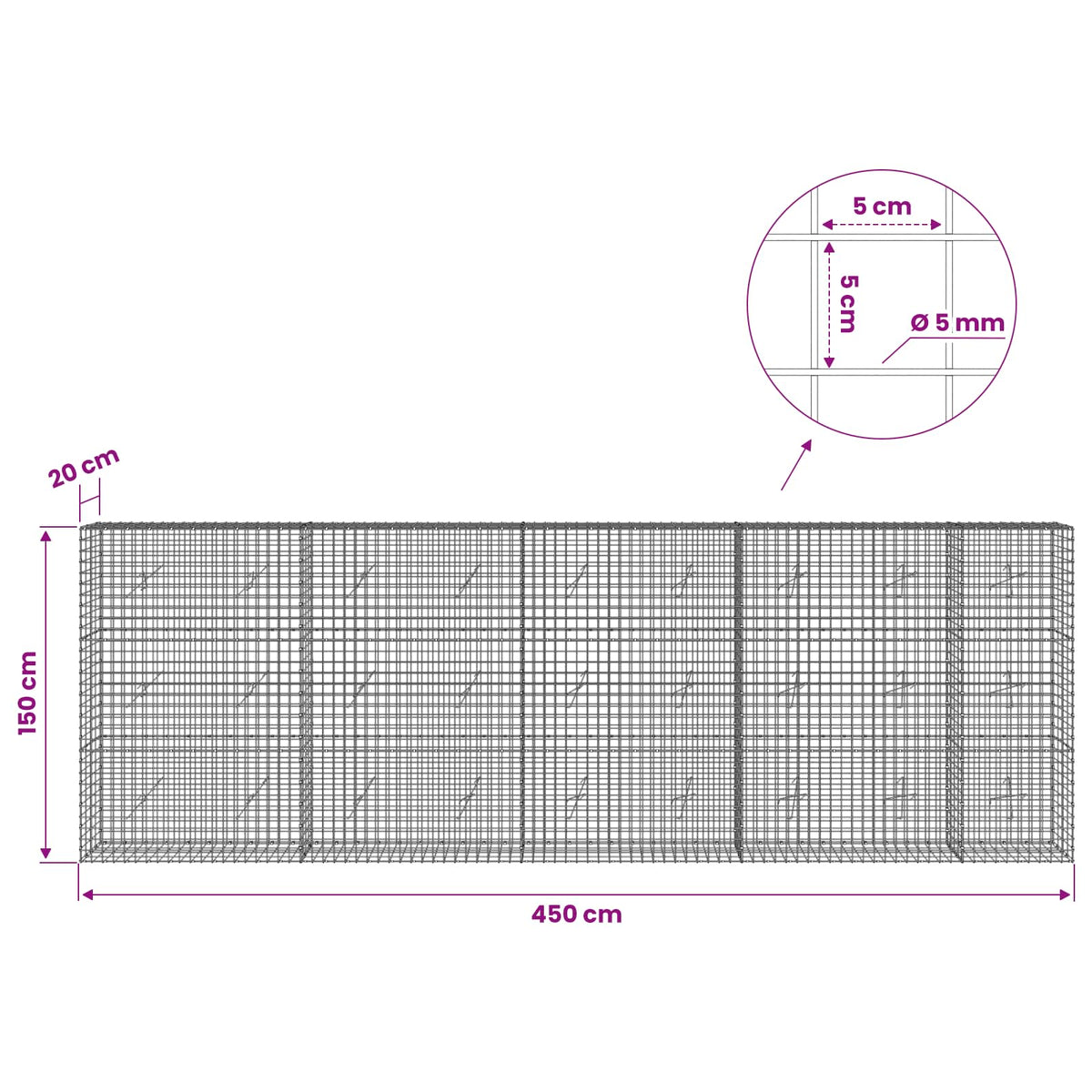 Gabionas su 5 mm viela ir 5x5 cm tinkleliu 450x20x150 cm