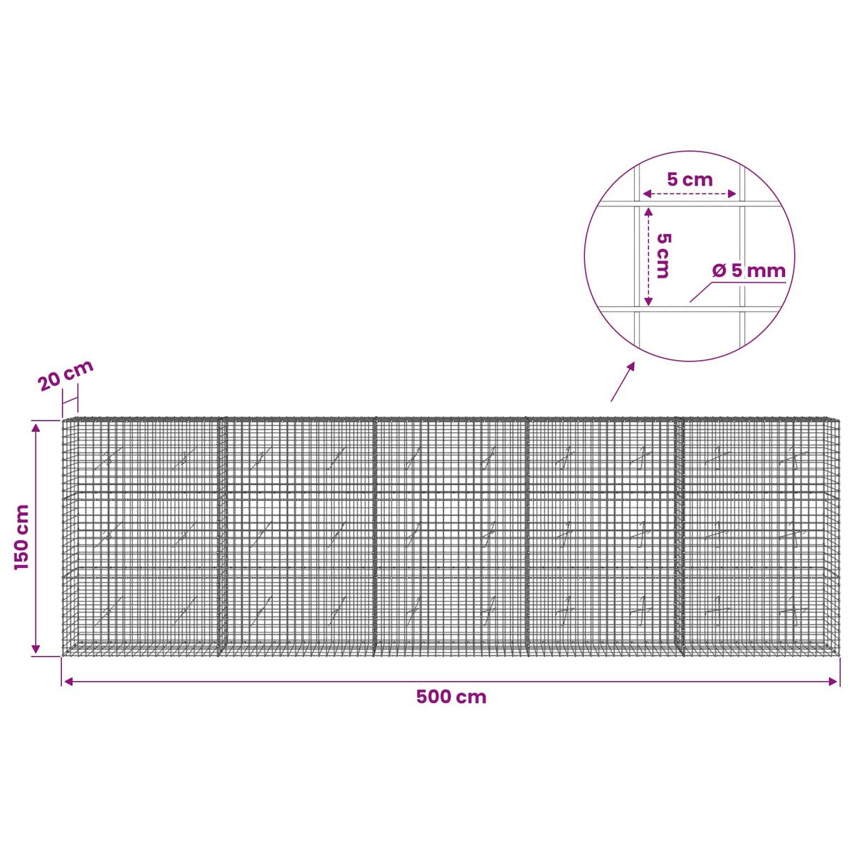 Gabionas su 5 mm viela ir 5x5 cm tinkleliu 500x20x150 cm