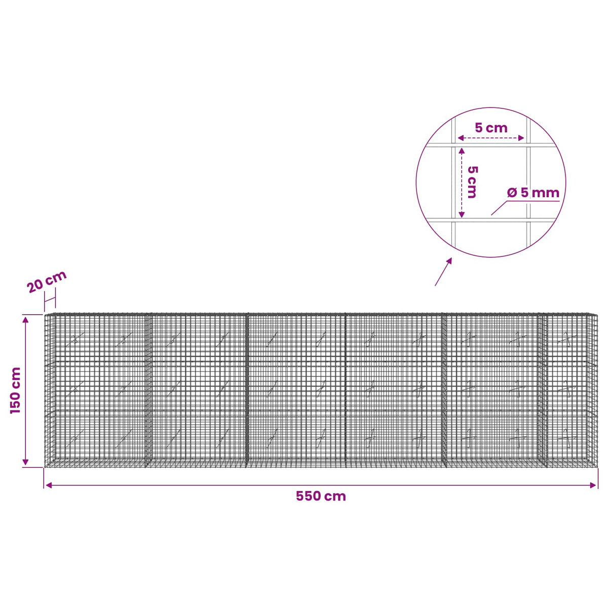 Gabionas su 5 mm viela ir 5x5 cm tinkleliu 550x20x150 cm