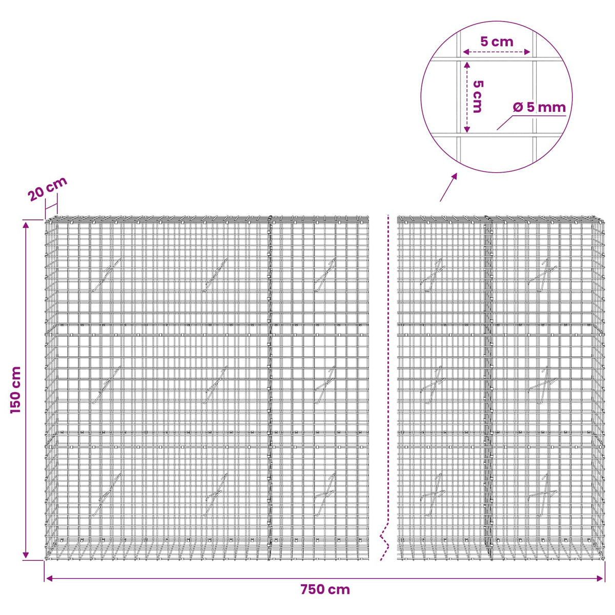 Gabionas su 5 mm viela ir 5x5 cm tinkleliu 750x20x150 cm