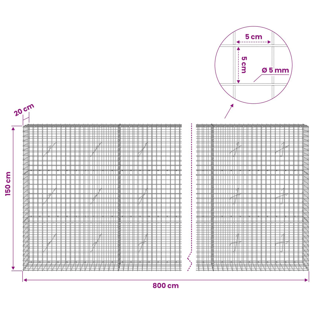 Gabionas su 5 mm viela ir 5x5 cm tinkleliu 800x20x150 cm