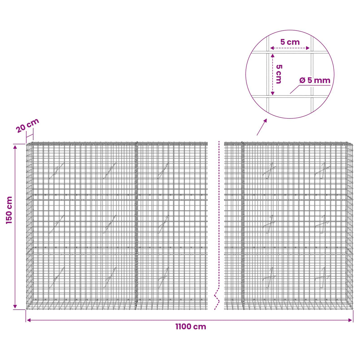 Gabionas su 5 mm viela ir 5x5 cm tinkleliu 1100x20x150 cm