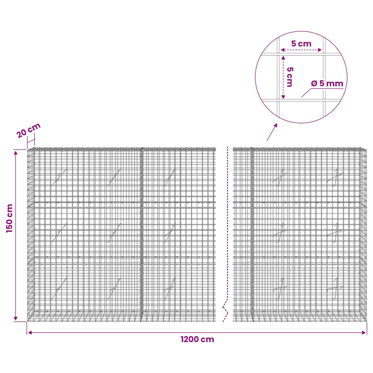 Gabionas su 5 mm viela ir 5x5 cm tinkleliu 1200x20x150 cm