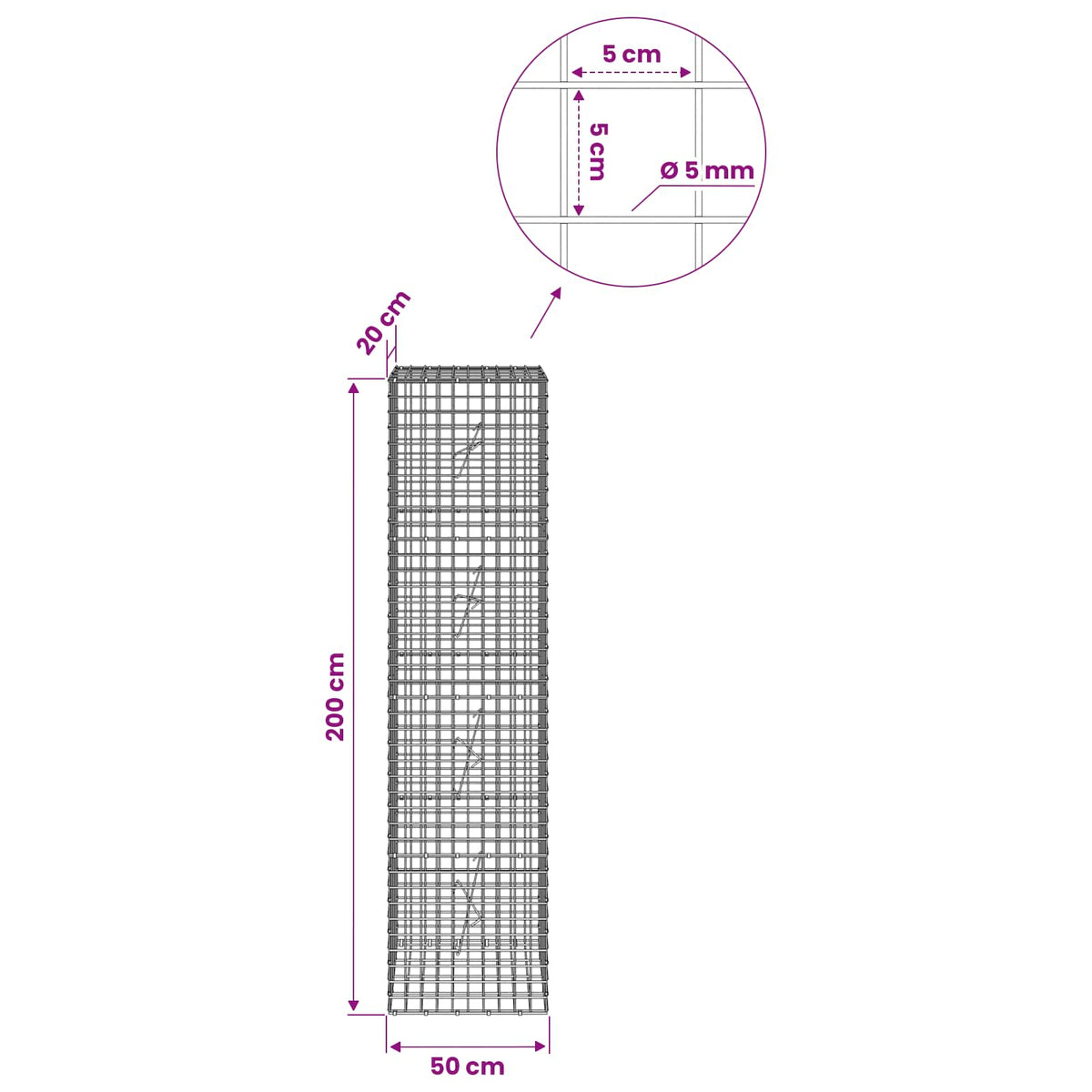 Gabionas su 5 mm viela ir 5x5 cm tinkleliu 50x20x200 cm