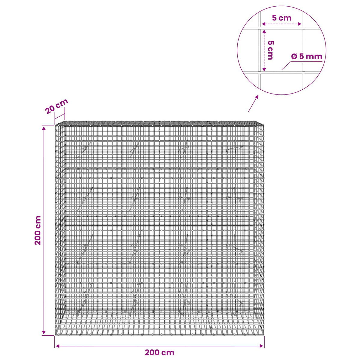 Gabionas su 5 mm viela ir 5x5 cm tinkleliu 200x20x200 cm