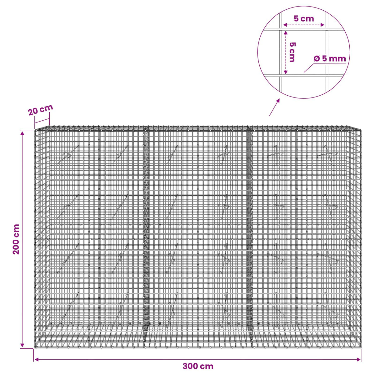 Gabionas su 5 mm viela ir 5x5 cm tinkleliu 300x20x200 cm