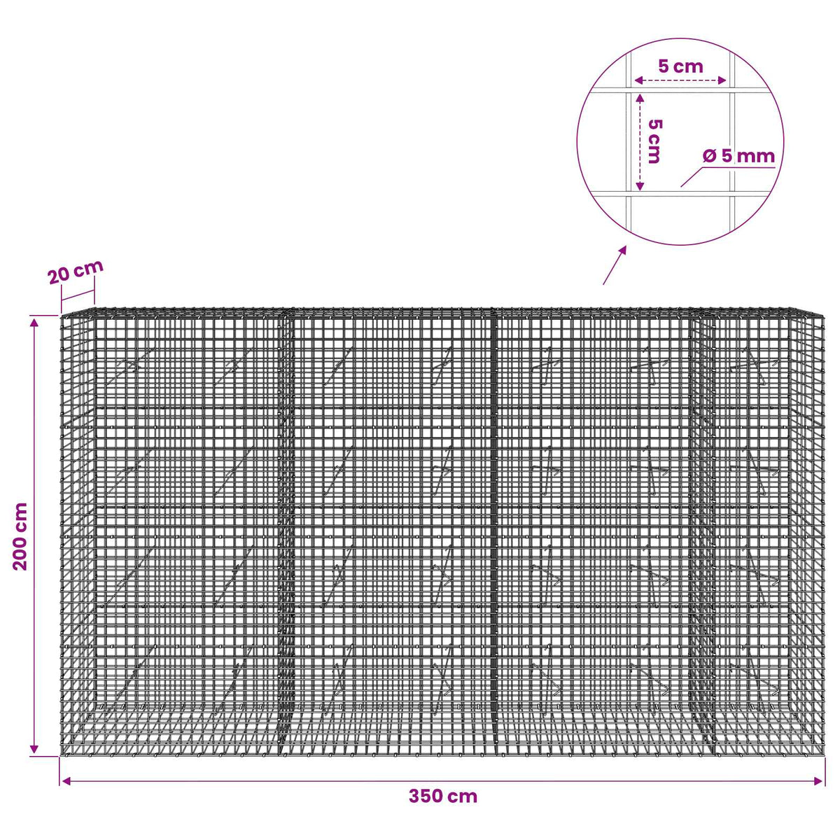 Gabionas su 5 mm viela ir 5x5 cm tinkleliu 350x20x200 cm