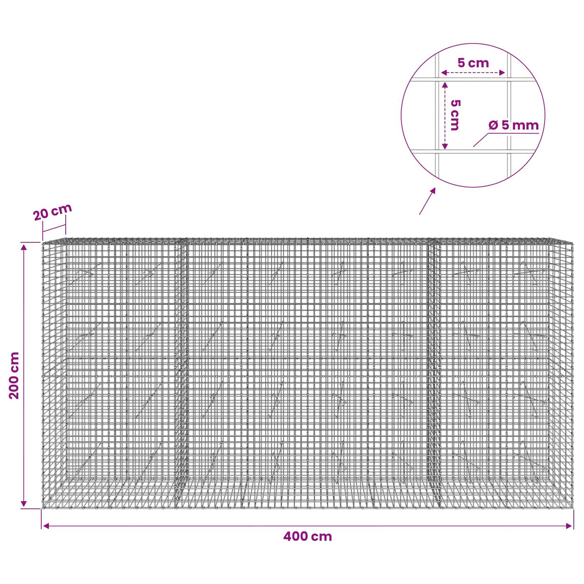 Gabionas su 5 mm viela ir 5x5 cm tinkleliu 400x20x200 cm