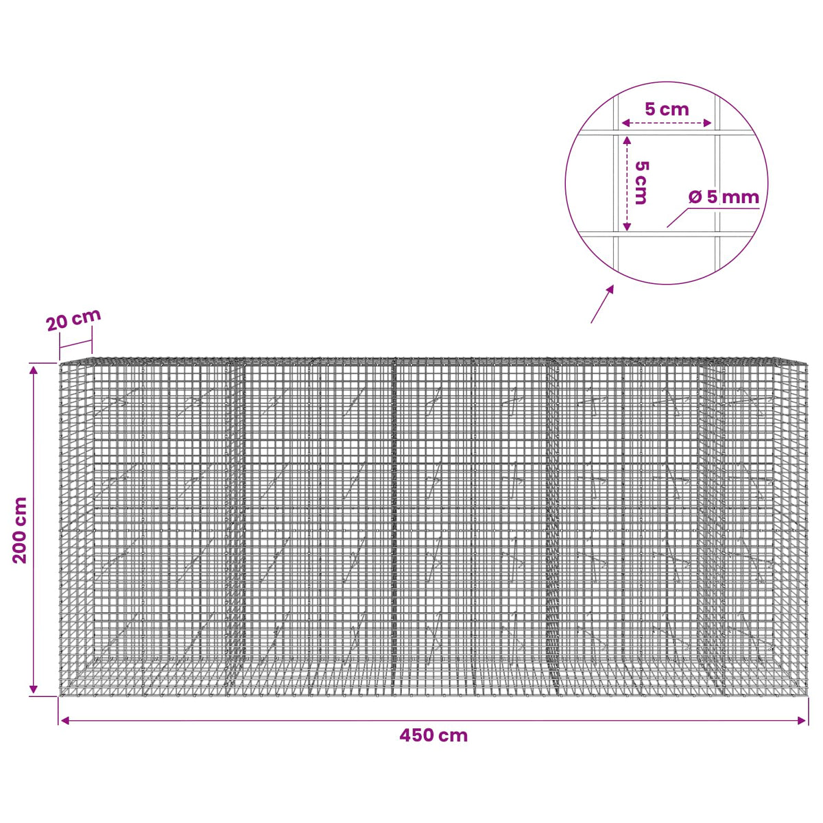 Gabionas su 5 mm viela ir 5x5 cm tinkleliu 450x20x200 cm