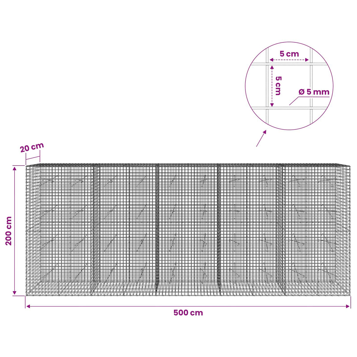 Gabionas su 5 mm viela ir 5x5 cm tinkleliu 500x20x200 cm