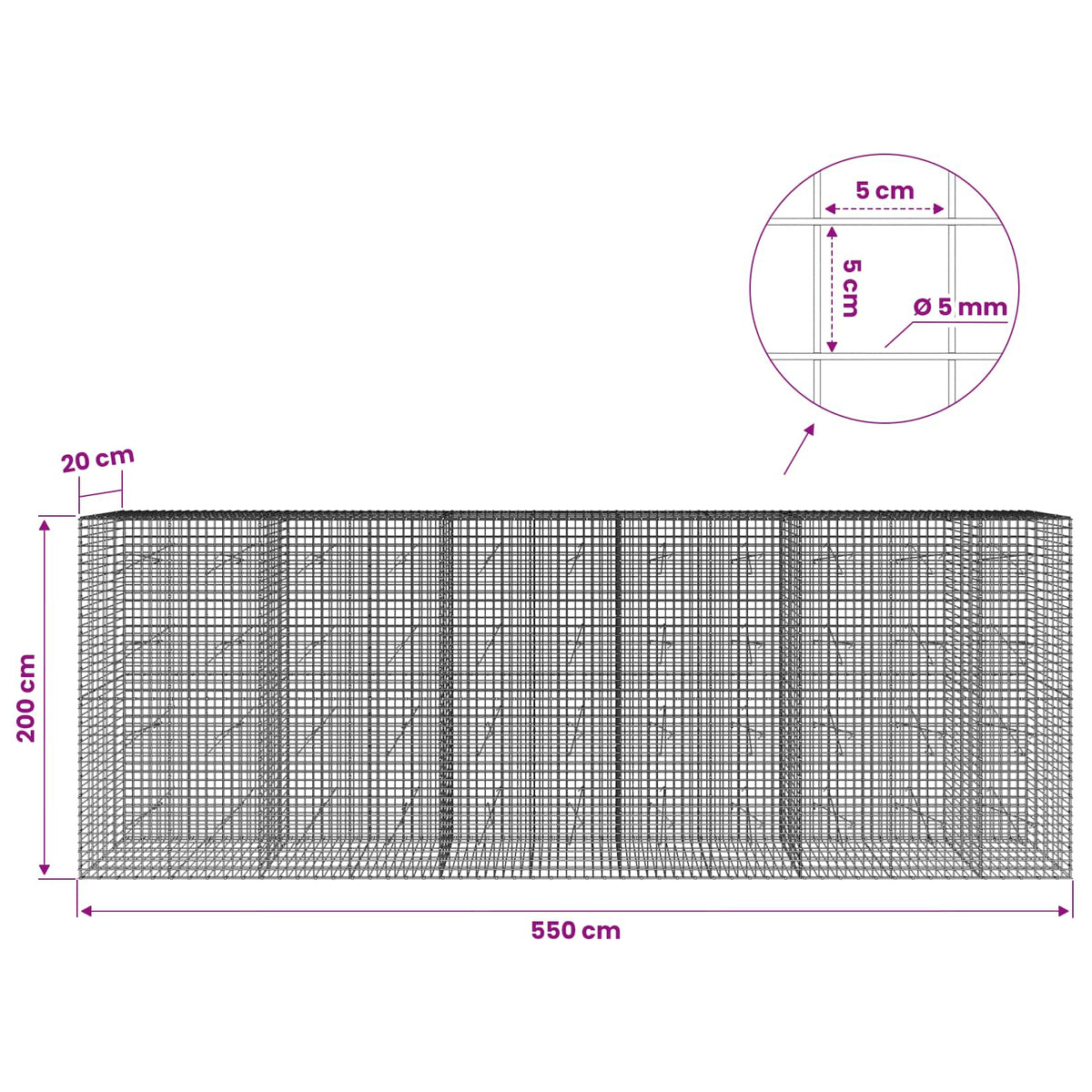 Gabionas su 5 mm viela ir 5x5 cm tinkleliu 550x20x200 cm
