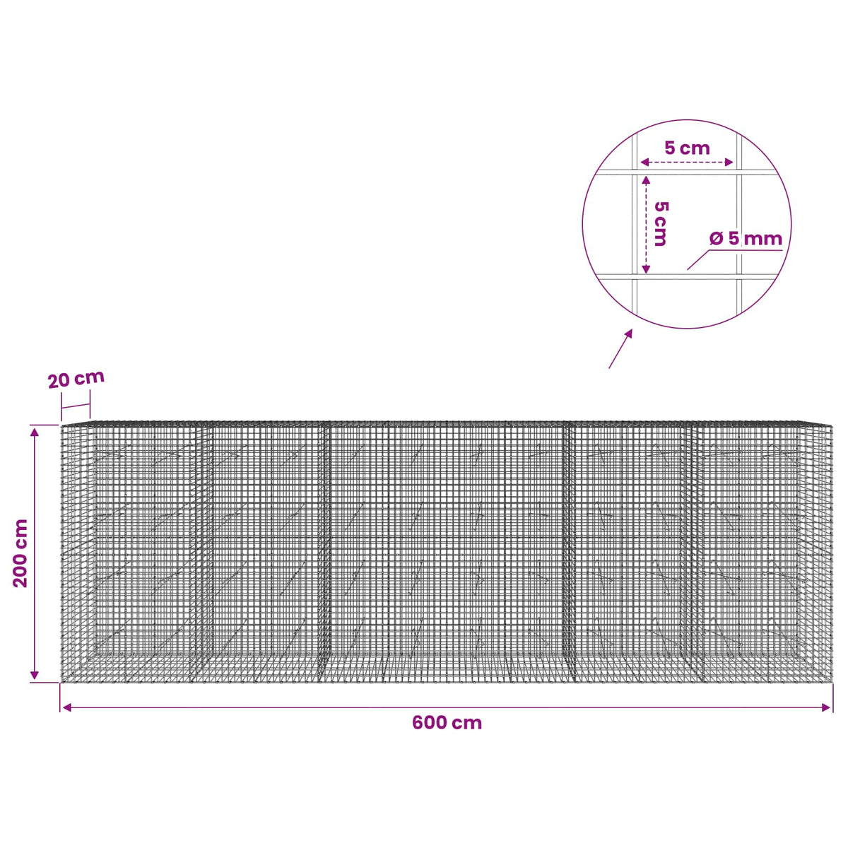 Gabionas su 5 mm viela ir 5x5 cm tinkleliu 600x20x200 cm
