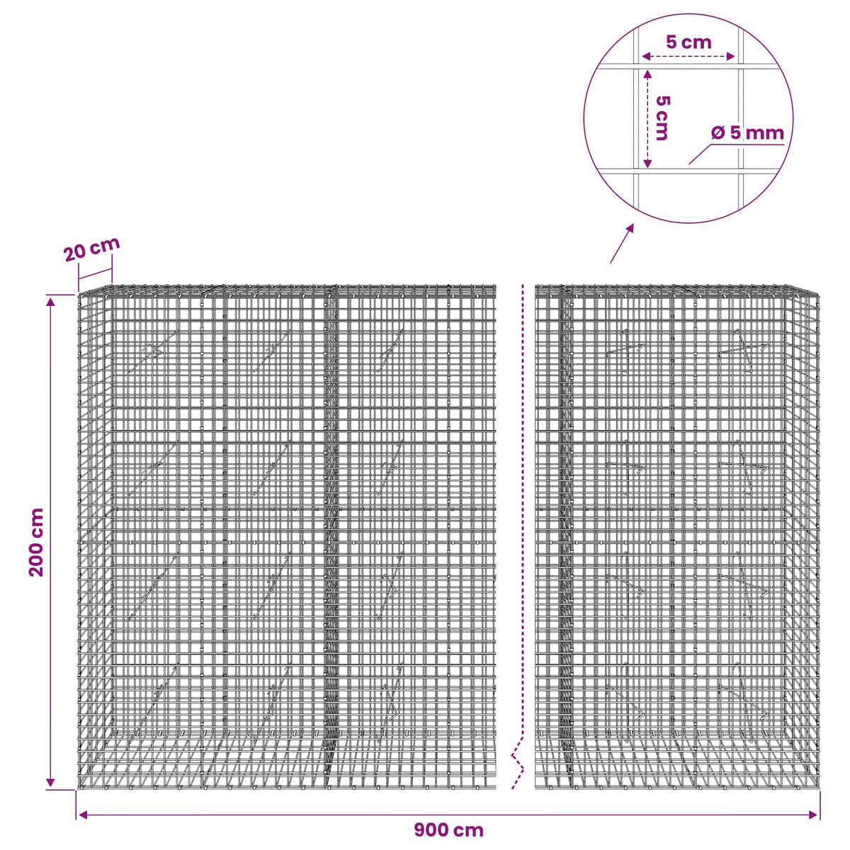 Gabionas su 5 mm viela ir 5x5 cm tinkleliu 900x20x200 cm