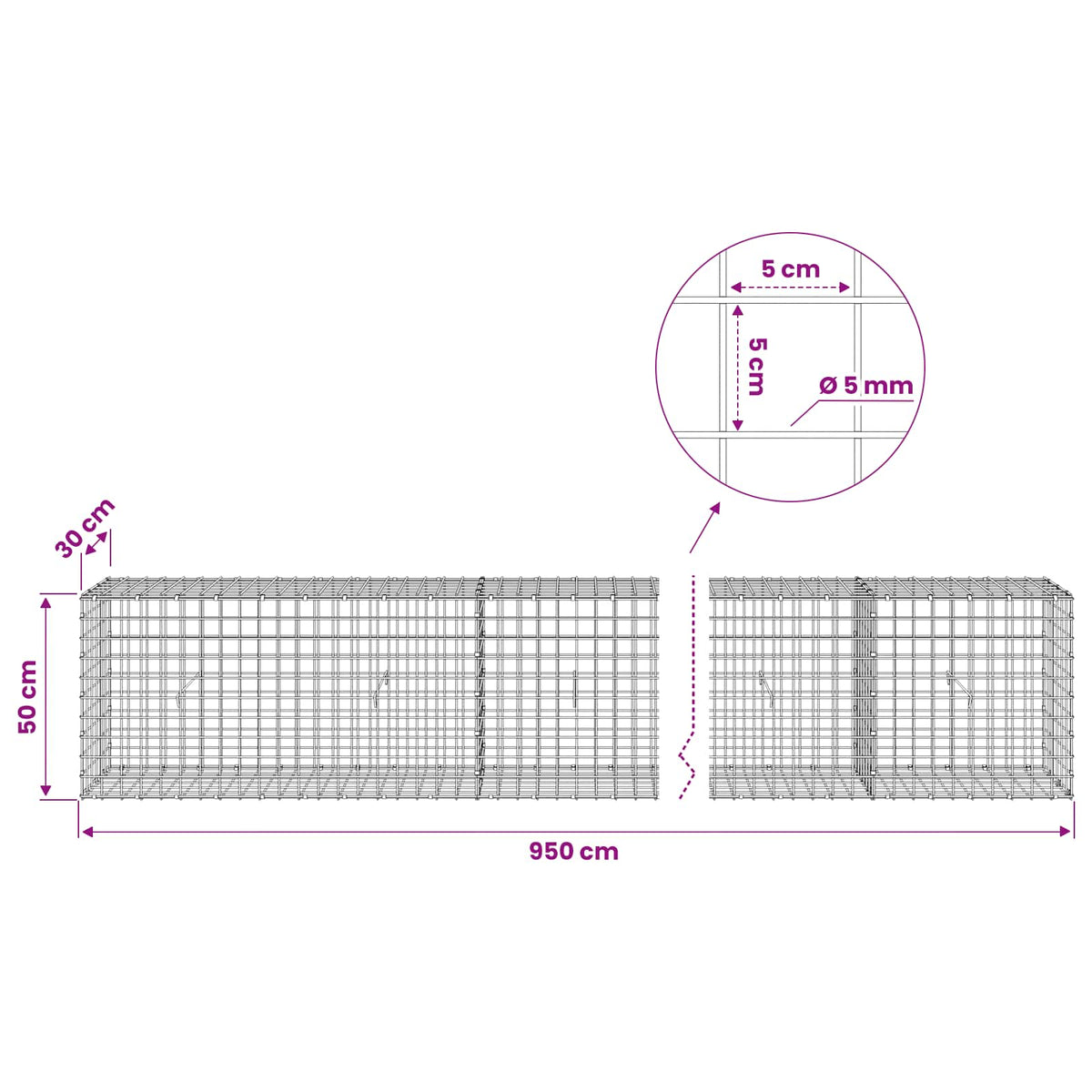 Gabionas su 5 mm viela ir 5x5 cm tinkleliu 950x30x50 cm