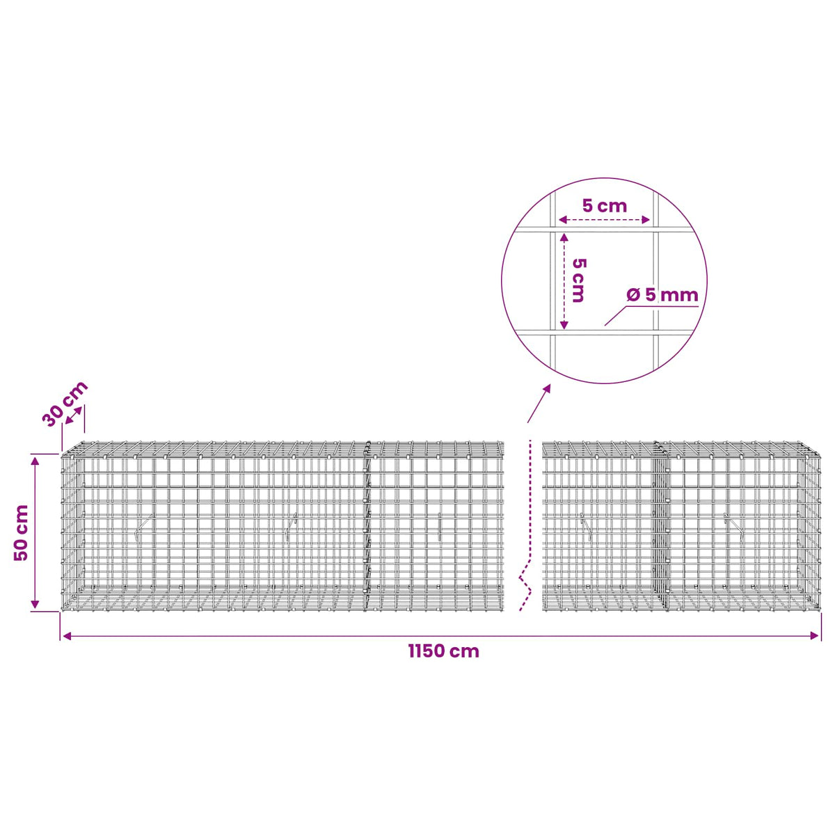 Gabionas su 5 mm viela ir 5x5 cm tinkleliu 1150x30x50 cm