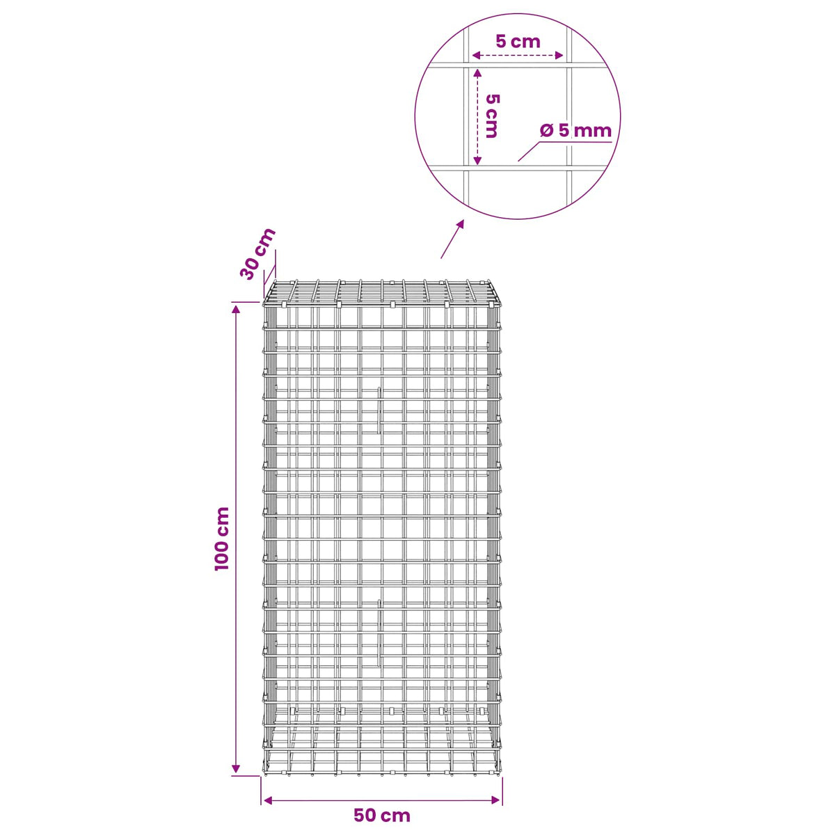 Gabionas su 5 mm viela ir 5x5 cm tinkleliu 50x30x100 cm