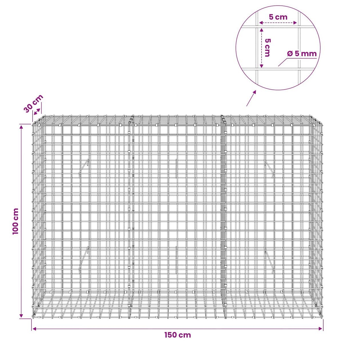 Gabionas su 5 mm viela ir 5x5 cm tinkleliu 150x30x100 cm