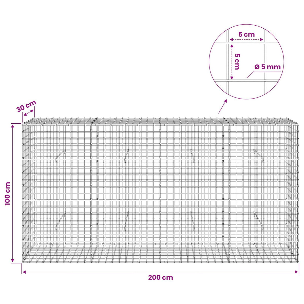 Gabionas su 5 mm viela ir 5x5 cm tinkleliu 200x30x100 cm