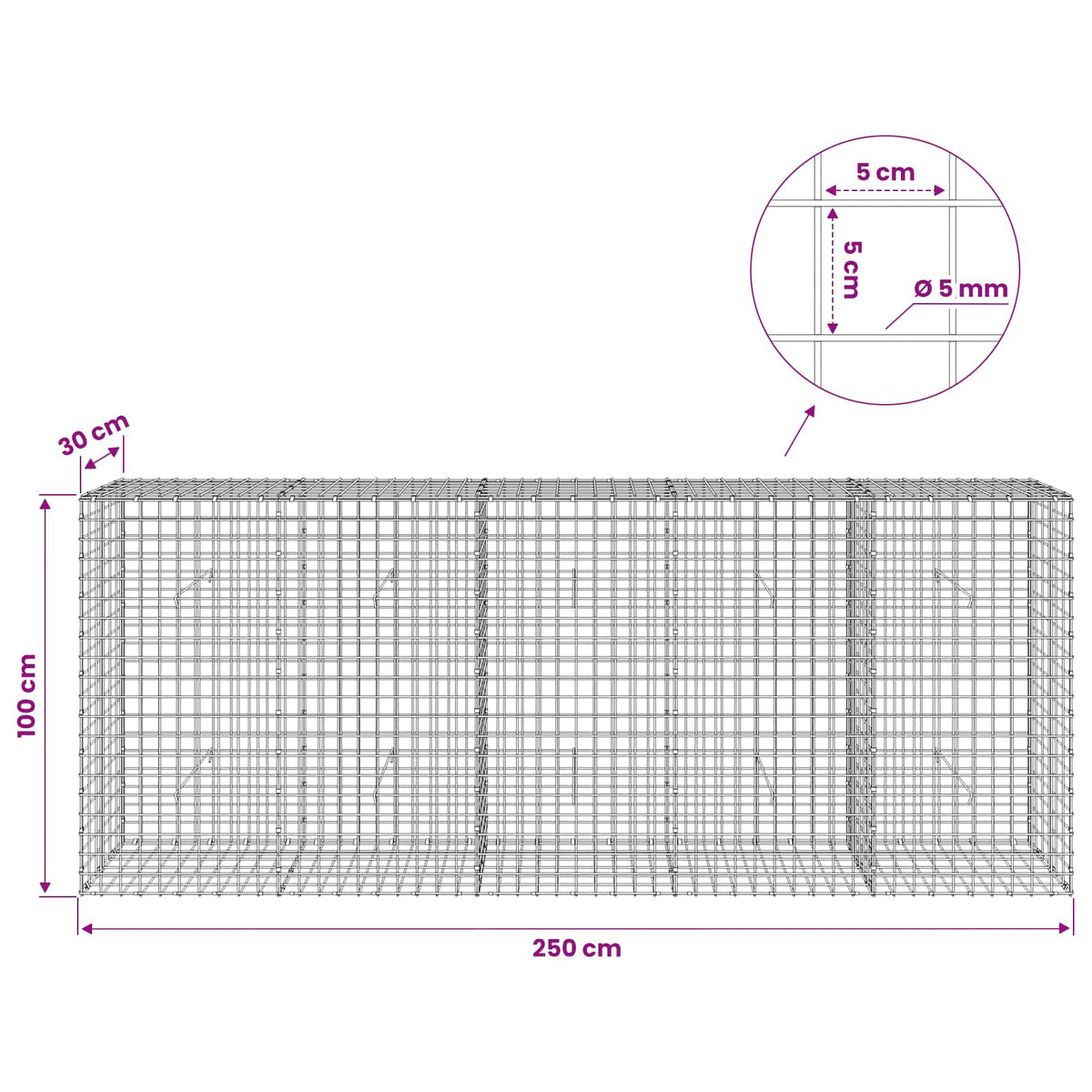 Gabionas su 5 mm viela ir 5x5 cm tinkleliu 250x30x100 cm