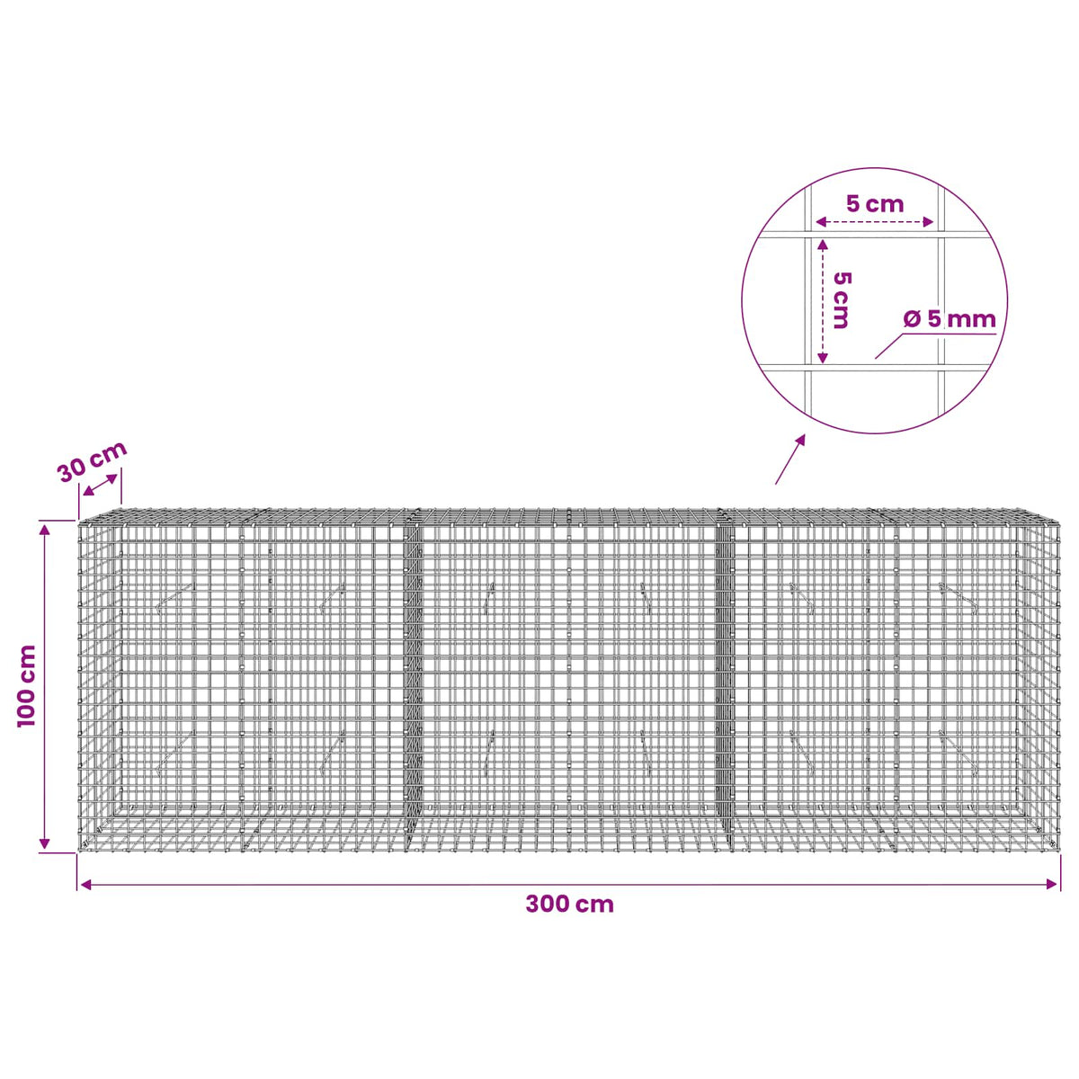 Gabionas su 5 mm viela ir 5x5 cm tinkleliu 300x30x100 cm
