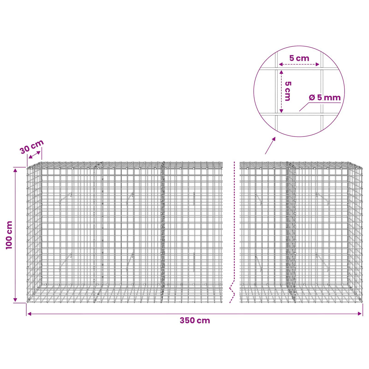 Gabionas su 5 mm viela ir 5x5 cm tinkleliu 350x30x100 cm