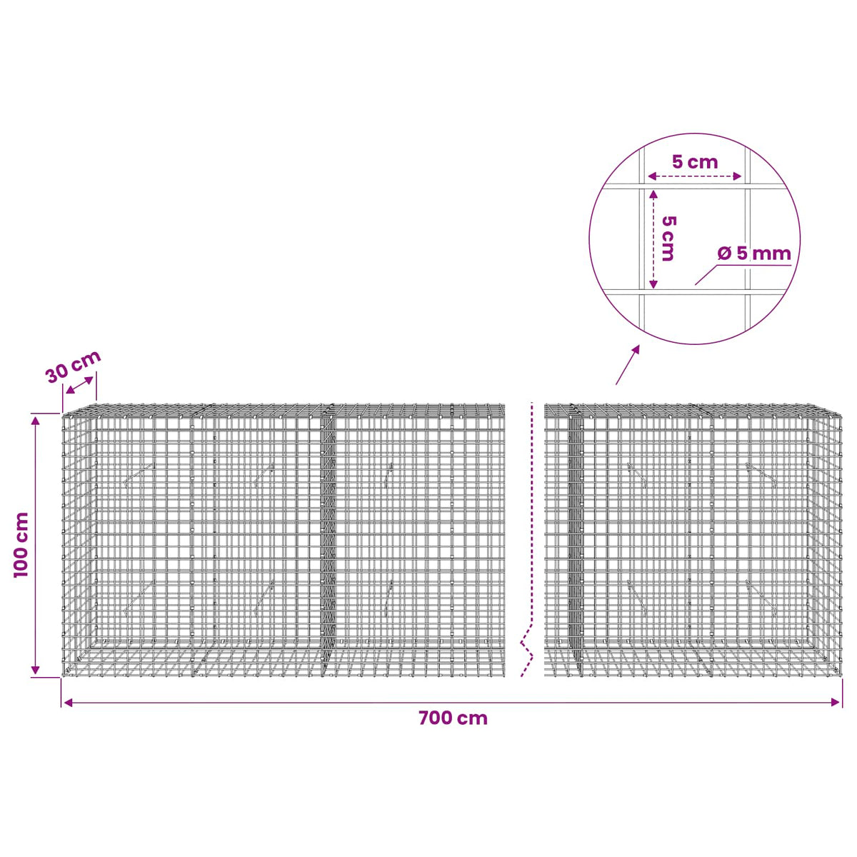 Gabionas su 5 mm viela ir 5x5 cm tinkleliu 700x30x100 cm