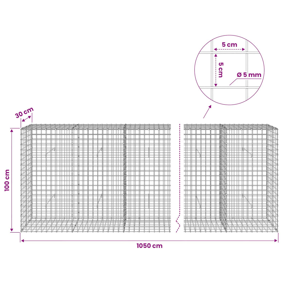 Gabionas su 5 mm viela ir 5x5 cm tinkleliu 1050x30x100 cm