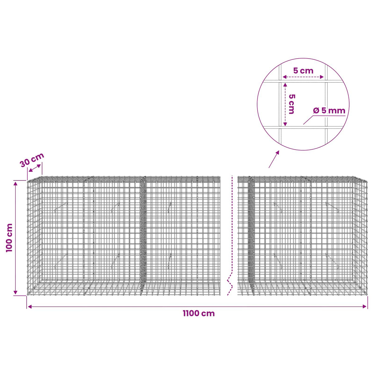 Gabionas su 5 mm viela ir 5x5 cm tinkleliu 1100x30x100 cm
