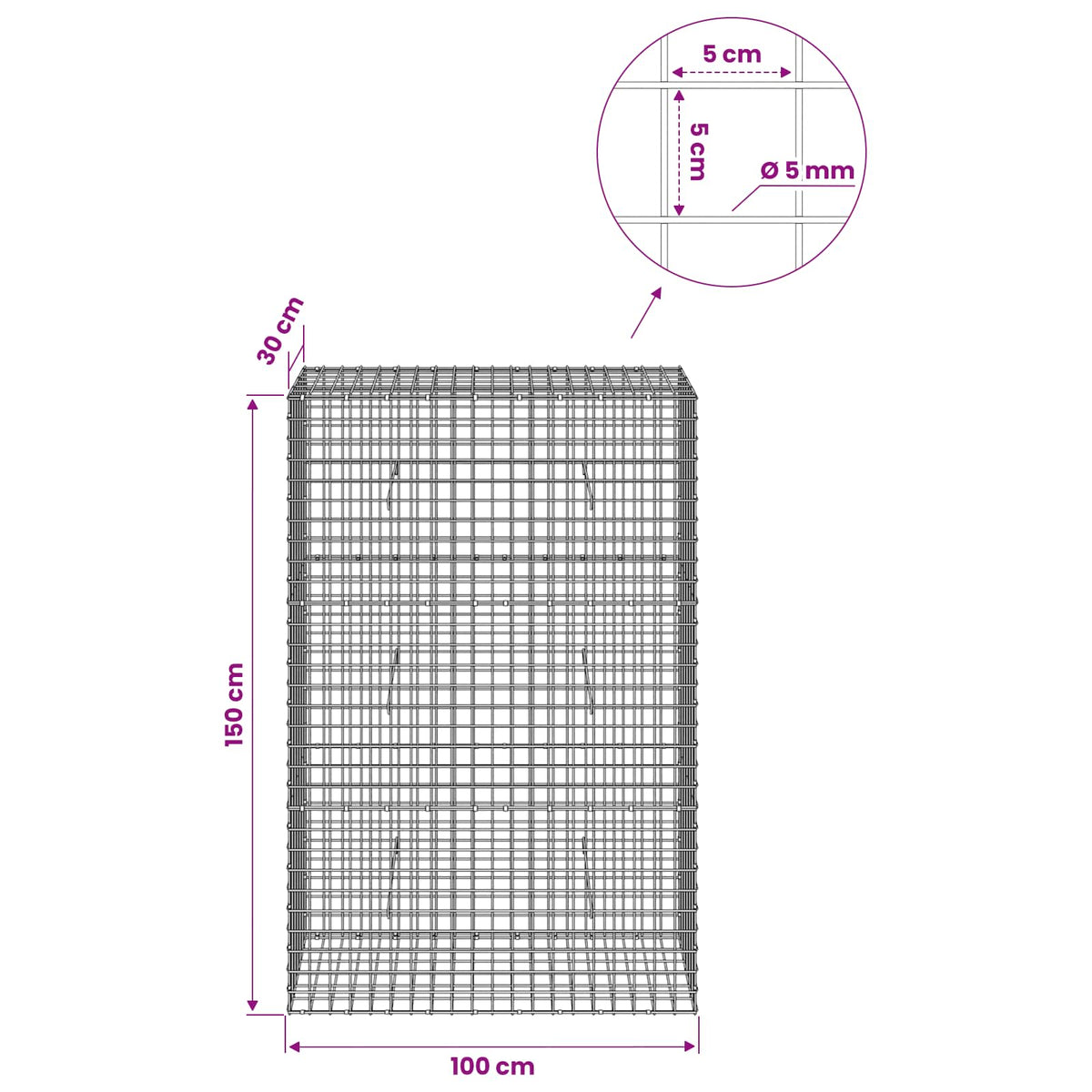 Gabionas su 5 mm viela ir 5x5 cm tinkleliu 100x30x150 cm