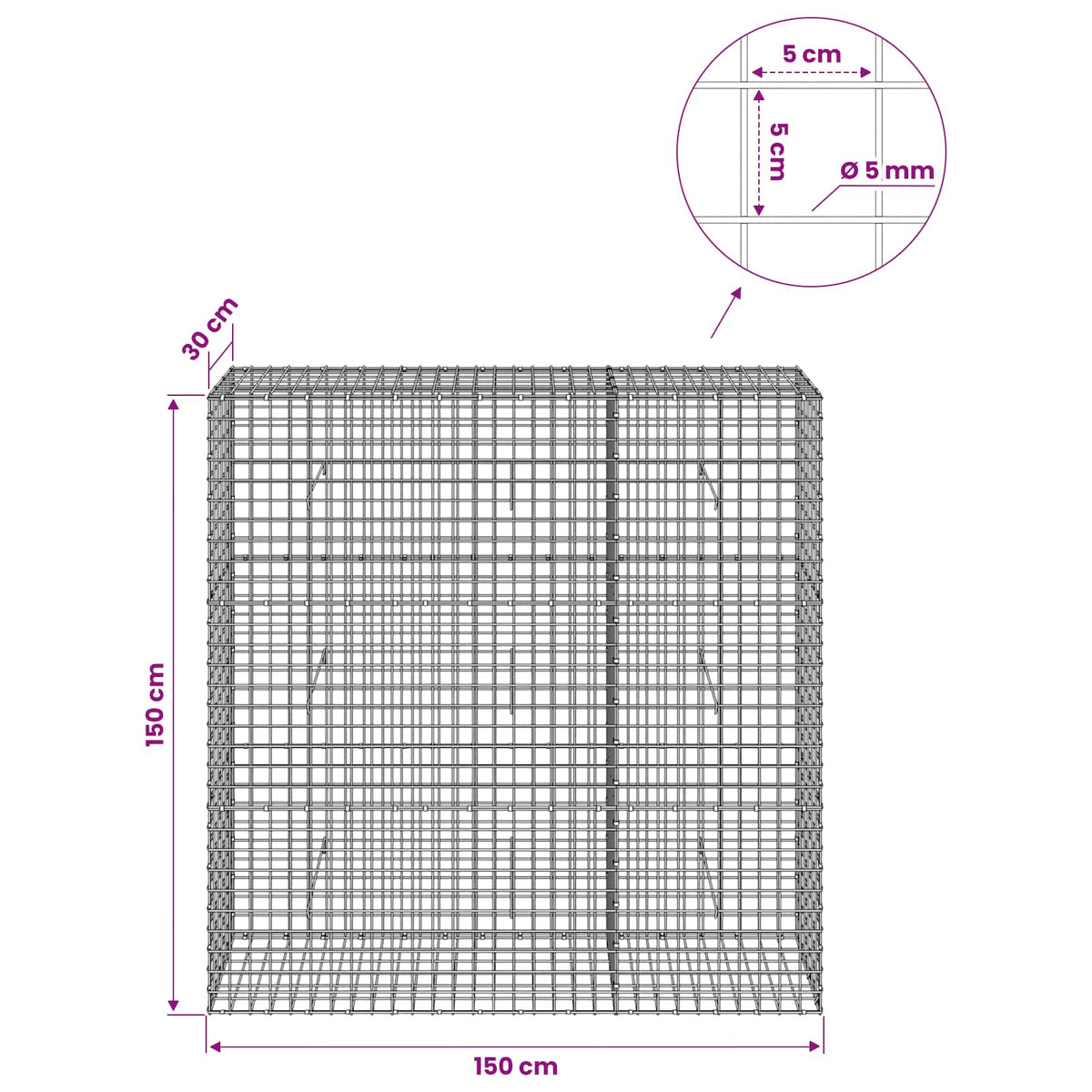 Gabionas su 5 mm viela ir 5x5 cm tinkleliu 150x30x150 cm