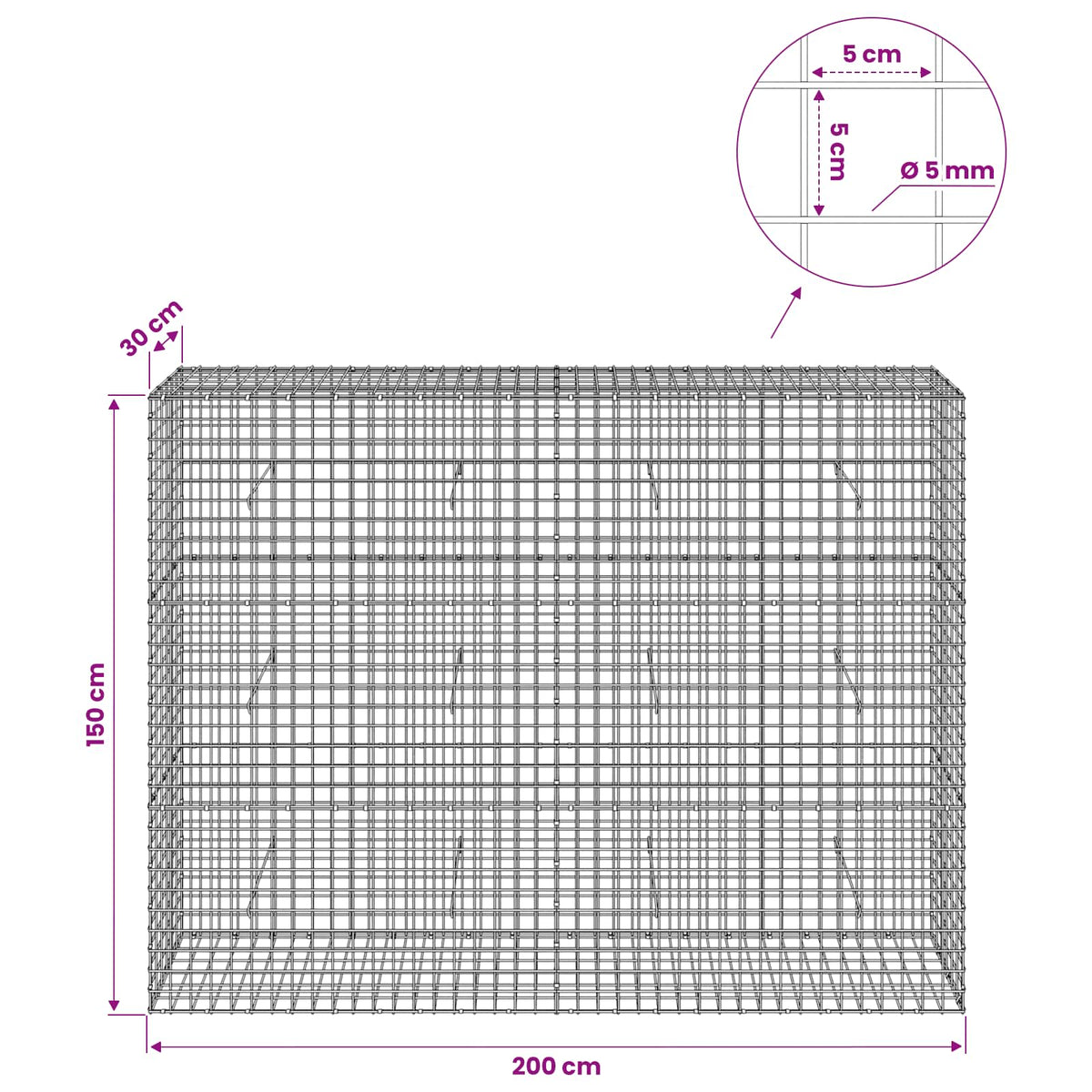 Gabionas su 5 mm viela ir 5x5 cm tinkleliu 200x30x150 cm