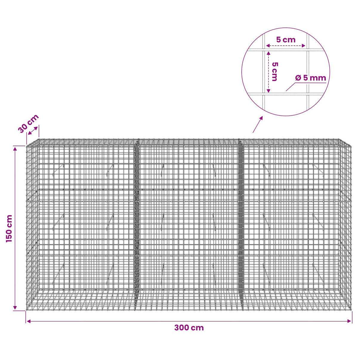 Gabionas su 5 mm viela ir 5x5 cm tinkleliu 300x30x150 cm