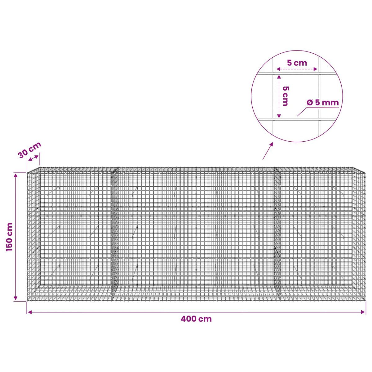 Gabionas su 5 mm viela ir 5x5 cm tinkleliu 400x30x150 cm