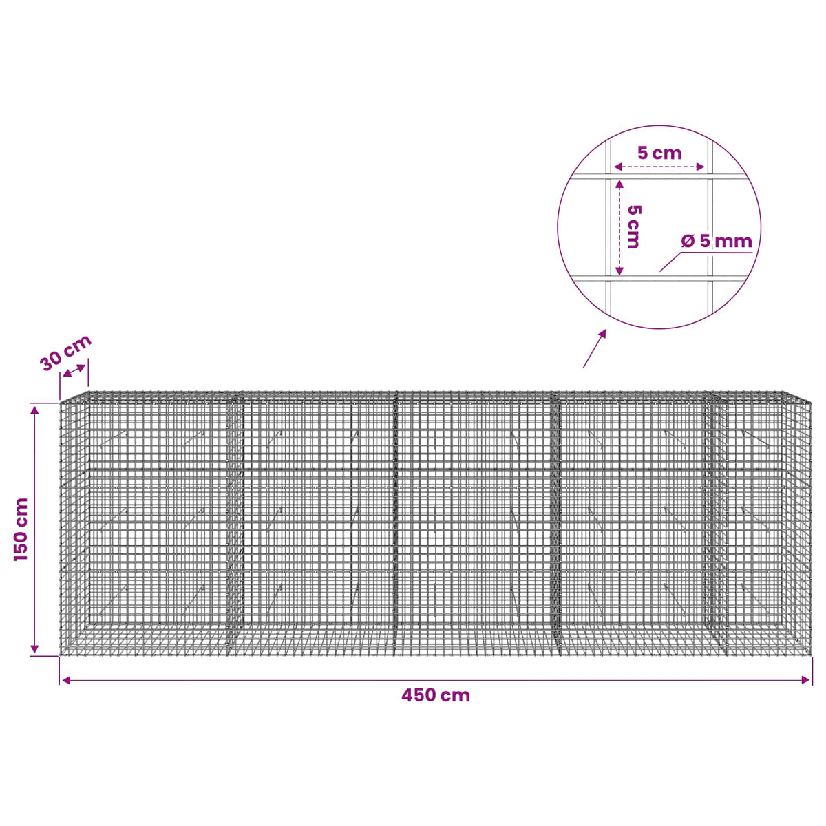 Gabionas su 5 mm viela ir 5x5 cm tinkleliu 450x30x150 cm